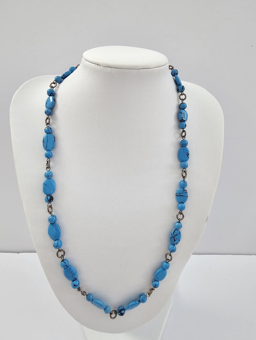 Vintage Sterling Silver .925 Faux Turquoise Linked Nugget Necklace